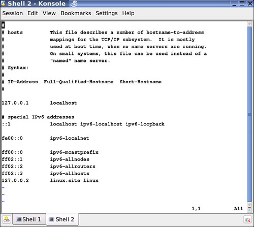 Viewing a Linux HOSTS file.