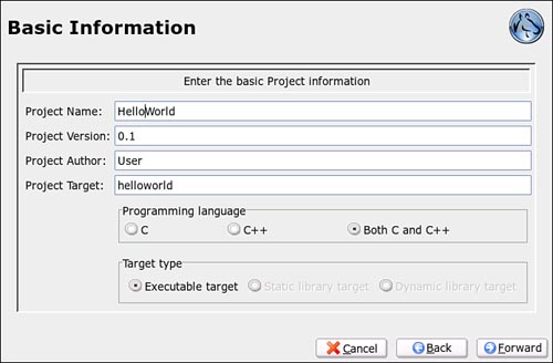 In Anjuta, project names are one word, and you can code in both C and C++.