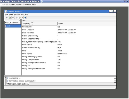 Viewing the configured MySQL server.