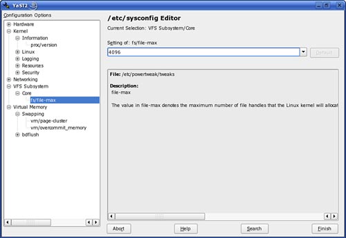 Setting the value of fs/file-max in PowerTweak.