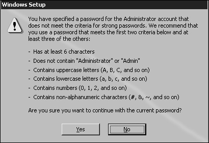 Password strength warning during setup.