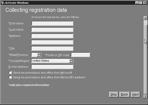 Windows registration data collection screen.