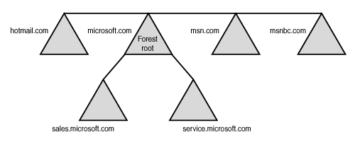 Sample Active Directory forest with multiple unique trees within the same forest.