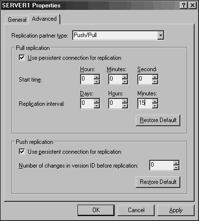 WINS replication settings.