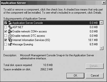 Application Server components dialog box.