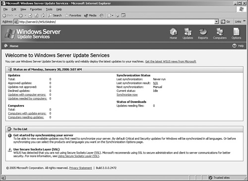 Viewing the WSUS Admin Console.