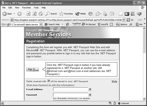 The .NET Passport registration page.