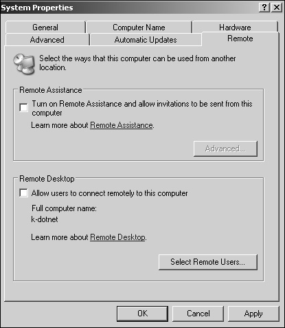 The Remote tab used to configure Remote Desktop for Administration.