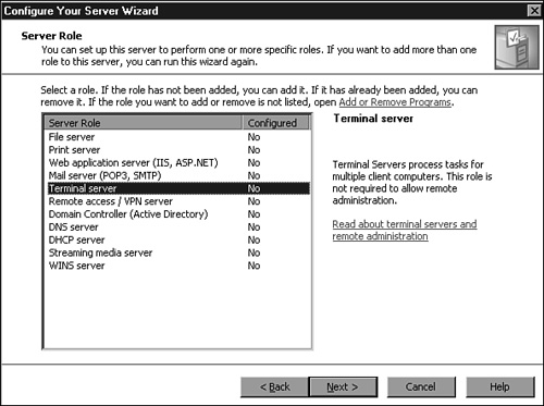 Selecting to install Terminal Services on the Server Role page.