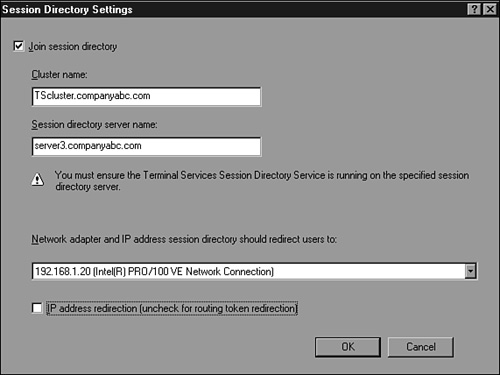 Terminal Services session directory settings.