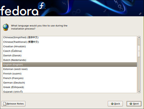 Select a language to use when installing Fedora.