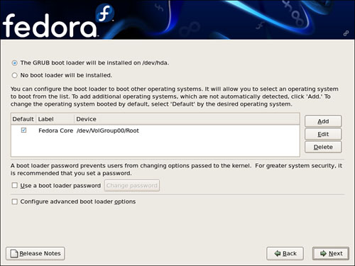 Select whether you want to use a boot loader and configure other boot options.