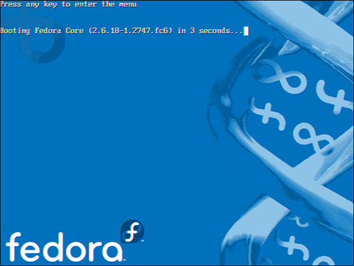 Boot Fedora with GRUB by pressing the Enter key or waiting 10 seconds.