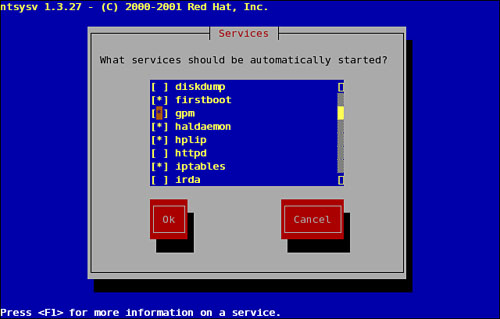 Use the ntsysv command to produce the Services dialog, in which you can select the gpm driver to start at boot time.