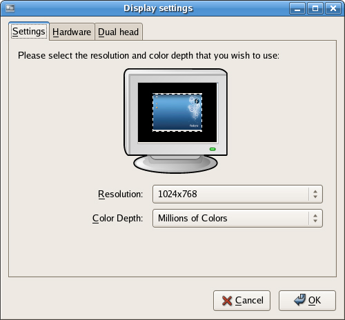 The system-config-display client provides a graphical configuration interface for creating or updating a system’s xorg.conf file. Here you see the Display Settings main screen, offering resolution and color-depth settings.