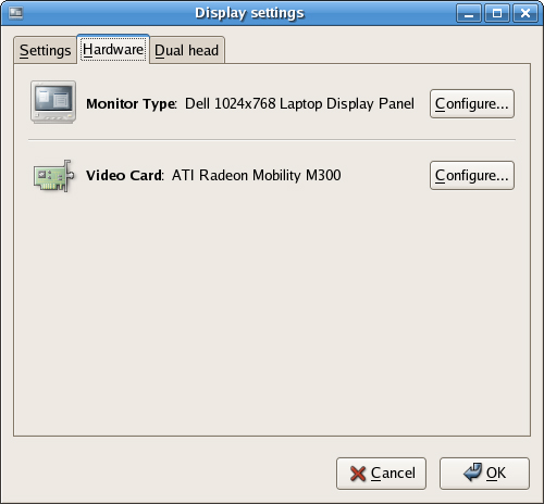 system-config-display’s Hardware settings are used to configure a monitor and video card (and multihead video card) for X11R7.