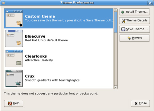 Fedora’s GNOME desktop uses the metacity window manager and offers a selection of GNOME (and KDE) themes.