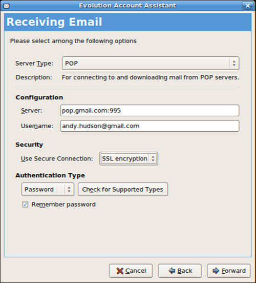 The Receiving Email screen requires information from your ISP or system administrator.