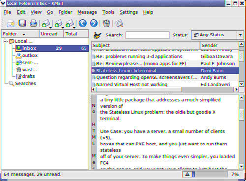 The KMail email client, part of the KDE Desktop Environment.