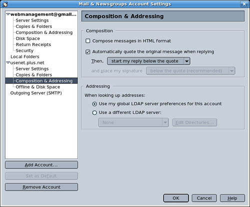 Here is where your configuration information is accessed. Note that we had to deliberately deselect the Compose Messages in HTML Format option, fixing a poorly chosen default.