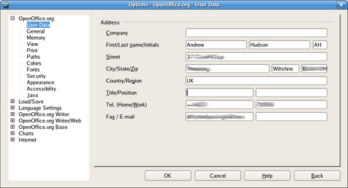 You can set user details for all OpenOffice.org applications from this dialog.