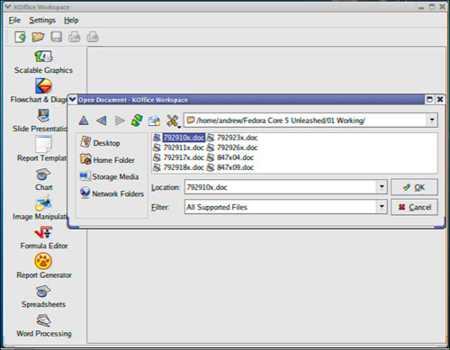 KDE’s KOffice provides a workspace office suite environment. Here is the Open File dialog.