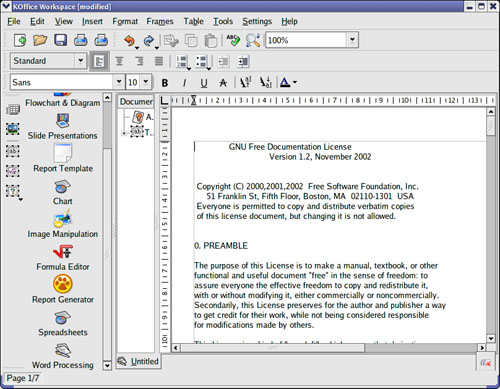 The KOffice KWord word processing component is a sophisticated frames-based WYSIWYG editor that is suitable for light desktop publishing, supporting several formats, including WordPerfect.