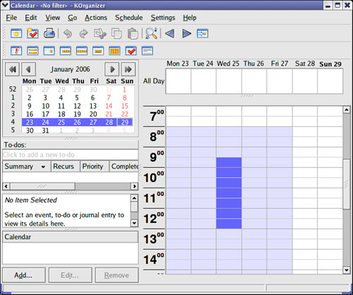 KDE’s KOrganizer client supports editing of tasks and schedules that you can sync with your PDA. Shown here is the address book as well.