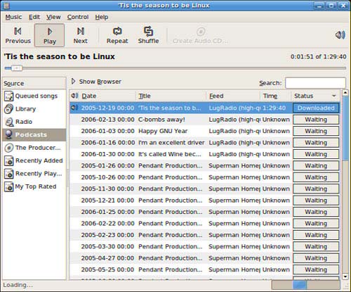 Rhythmbox can handle podcasts, Internet radio stations, CDs, and local sound files.