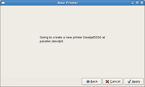 Double-check your settings before you commit to creating a new printer entry in /etc/printcap; when the settings are right, click Finish to create the new print queue.