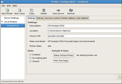 New printer entries created in /etc/printcap will be displayed in system-config-printer’s main window.