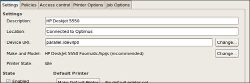 A printer’s driver settings can be changed in the Settings tab of system-config-printer.