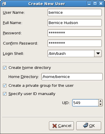 Adding a new user is simple. The GUI provides a more complete set of commands for user management than for group management.