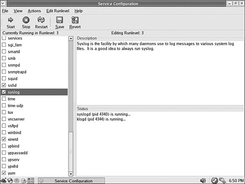 The new Service Configuration tool allows you to select runlevels to edit, displays all the available services, and provides an explanation of what the service does.
