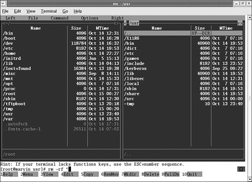 The Midnight Commander is a highly versatile file tool. If it does not display properly on your screen, launch it with the -a argument to force ASCII mode.