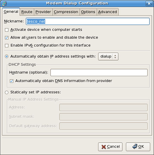 Here you can edit the dial-up configuration if necessary to set IP addresses and other custom values; the defaults work for most people.