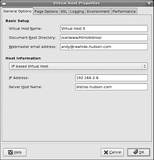 system-config-httpd’s Virtual Host Properties dialog box gives you access to numerous options for configuring the properties of an Apache virtual host.