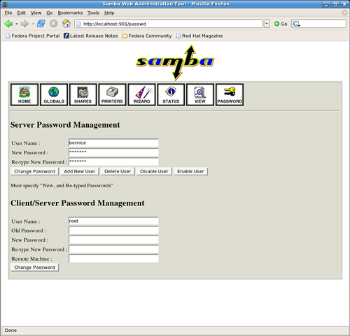 Enter a Samba username and password in the SWAT Password page.