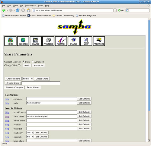 Use the SWAT Shares page to set up sharing of a portion of your Linux file system.