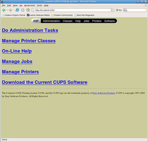 Use the web-based CUPS administrative interface to configure and manage printing.