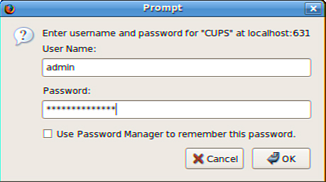 Enter the root password to perform printer administration with CUPS.