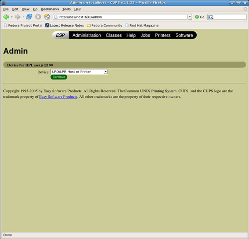 Select a printer device in the CUPS administrative page.