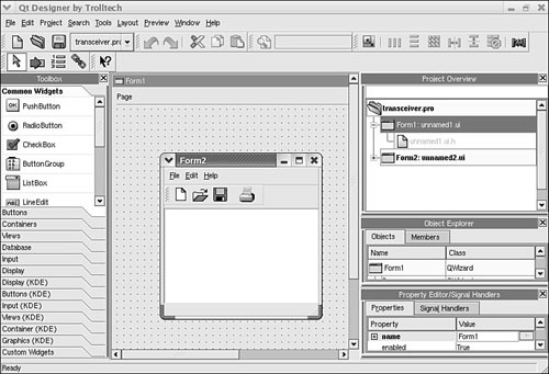 Trolltech’s Qt Designer is, like KDevelop, a capable prototyping and client-building tool for use with Linux and X.