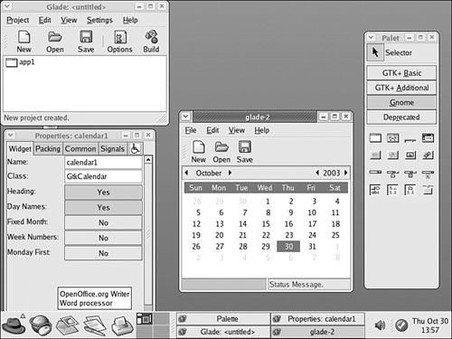 The GNOME Glade client can be used to build and preview a graphical interface for a custom GNOME program.