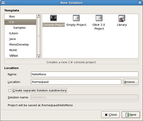 MonoDevelop ships with a number of templates to get you started, including one for a quick Console project.