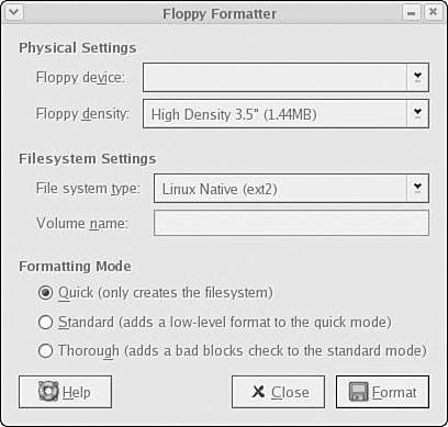 Point and click for floppy formatting makes it easy. A larger choice of formatting options (like a 1.7MB 3.5″ floppy) would be nicer. The Floppy Formatter is found under the System Tools menu.