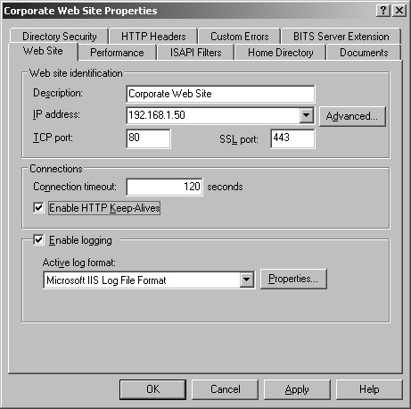 You modify a site’s identity through the Web Site tab in the Properties dialog box.