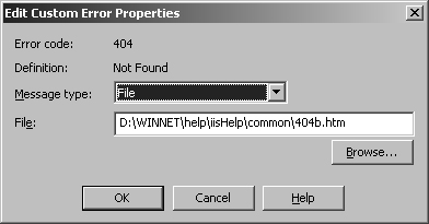 The Edit Custom Error Properties dialog box provides an overview of the error and how it’s handled.