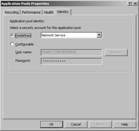 Set the Web application account identity as Predefined or Configurable.