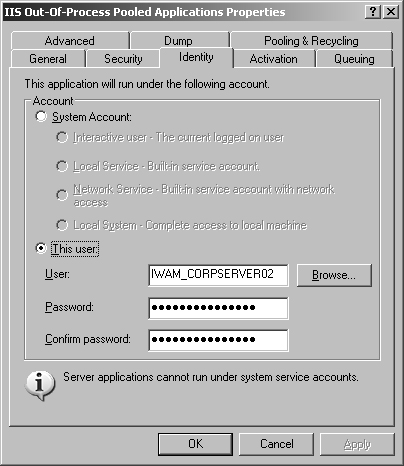 For IIS 5 isolation mode, set the Web application account identity in the Component Services snap-in.